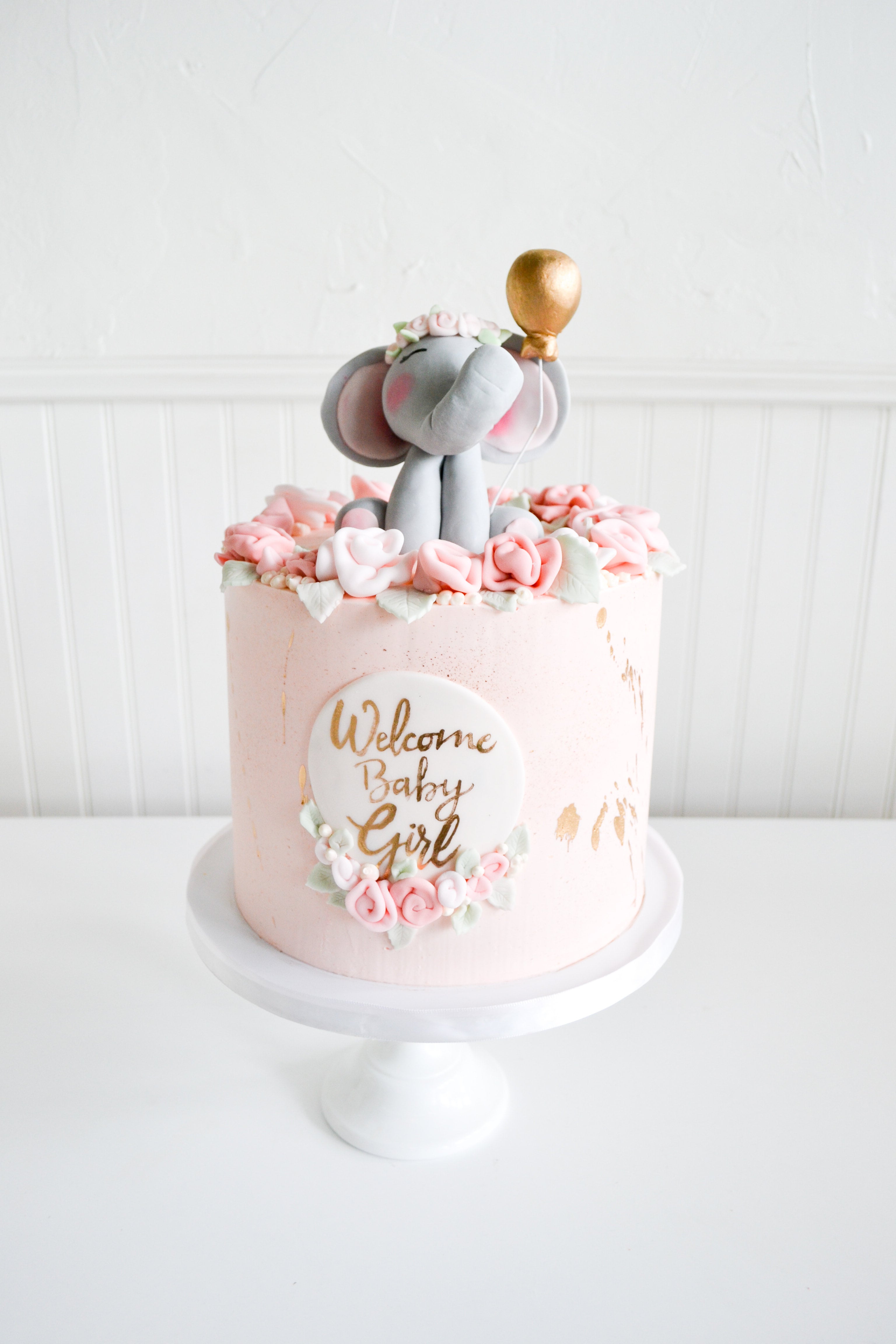 Baby Shower It's a Girl Elephant in a car Pink Watercolour edible cake –  Bakers World